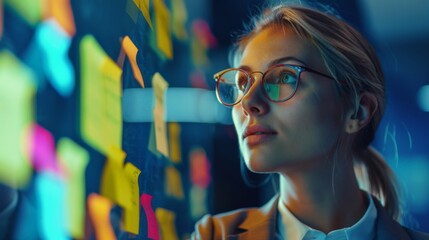 Poster - Young businesswoman brainstorming ideas with colleagues, her sharp focus evident in her clear-eyed gaze.