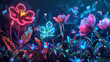 A digital garden with neon flowers and low poly insects, illustrating the ecosystem of the internet and its communicative flora and fauna