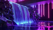 A low poly waterfall, illuminated by shifting neon lights, symbolizing the continuous flow of information in the digital world