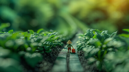 Canvas Print - A miniature figure of a person with a traditional hat walking on a small wooden path surrounded by lush green plants.