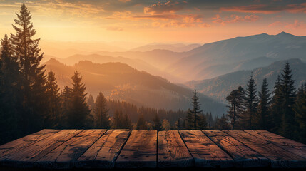 Wall Mural - Sunset over a mountainous landscape with a wooden table in the foreground, creating a serene and picturesque scene.