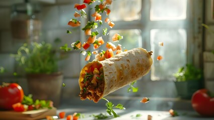 Wall Mural - A Burrito Descending into a Sunlit Room. Concept Food Photography, Creative Composition, Natural Lighting, Surreal Imagery