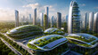 Eco friendly sustainable green city of the future, futuristic cityscape, concept based on green energy, eco industry, environmental technology, Scyscrapers with vertical gardens, clean water channels.