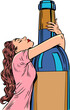 A woman hugs a bottle of alcohol. Exclusive offers in a bar, pub or restaurant. Banner for your wine related promotion.