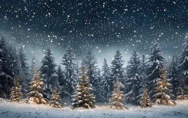 A winter wonderland of snow-covered pine trees illuminated by a starry night sky and glowing lights.