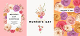 Fototapeta Kosmos - Happy Mother's Day. Vector watercolor modern elegant floral illustration of peony flower, rose, plant, bouquet, pattern, pink and purple geometric logo, leaf, for greeting card, invitation or poster