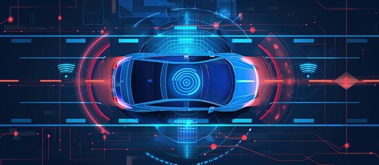 Poster - Smart car in autonomous mode on city roads, featuring a HUD and integrating IoT technology with graphic sensor radar signals and internet connectivity, top view.