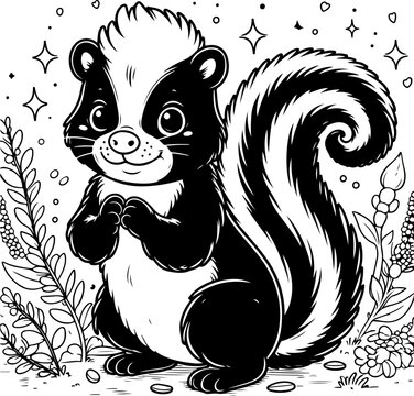 Skunk black outline children coloring book illustration.