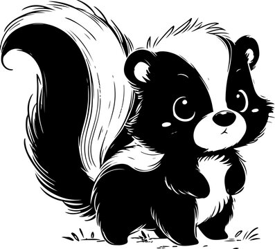 Skunk black outline children coloring book illustration.