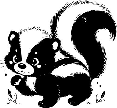 Skunk black outline children coloring book illustration.