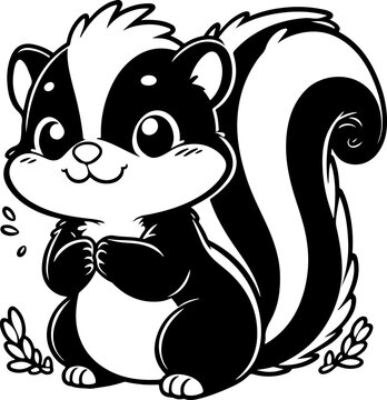 Skunk black outline children coloring book illustration.