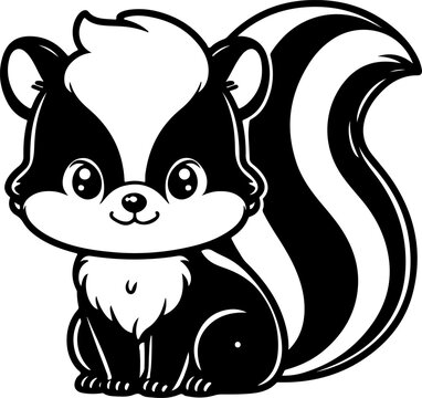 Skunk black outline children coloring book illustration.