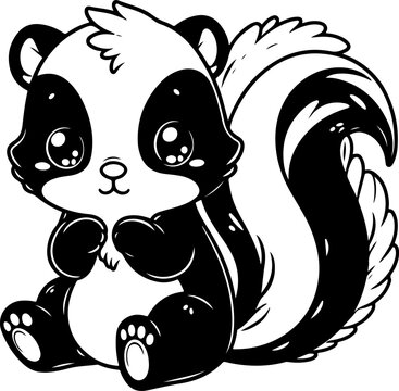 Skunk black outline children coloring book illustration.