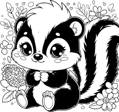 Skunk black outline children coloring book illustration.