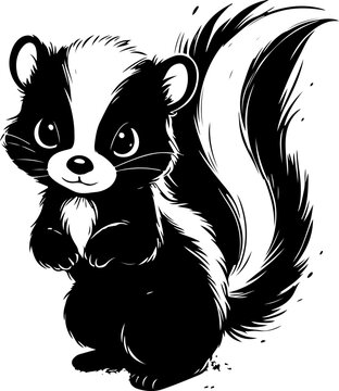Skunk black outline children coloring book illustration.