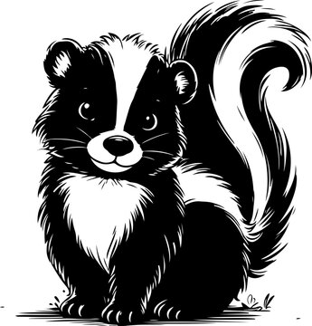 Skunk black outline children coloring book illustration.
