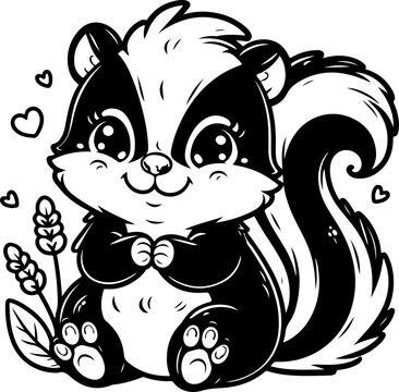 Skunk black outline children coloring book illustration.