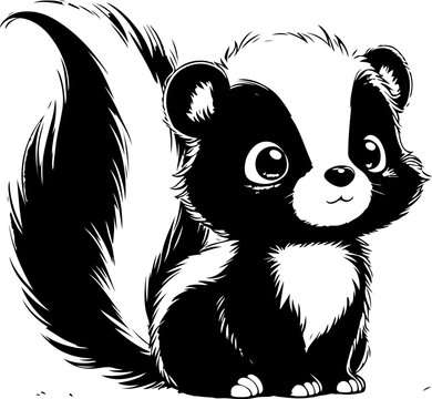 Skunk black outline children coloring book illustration.