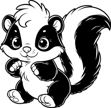 Skunk black outline children coloring book illustration.