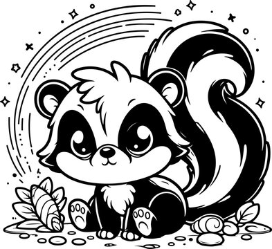 Skunk black outline children coloring book illustration.