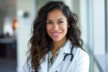 Wall Mural - Young woman doctor smiling in her doctor's office. Job, profession, healthcare	