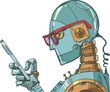 A robot with glasses looks at the phone. Bots on social networks. The problem of artificial intelligence on the Internet.