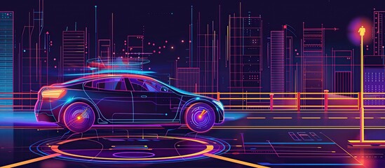Poster - Smart car in autonomous mode on city roads, featuring graphic sensor radar signals and internet connectivity.