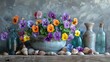 Pansies in a Potted Arrangement with Seashells Pebbles and Glass Bottles A Vibrant Still Life of Seasonal Blooms by the Shore