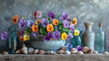 Fototapeta  - Pansies in a Potted Arrangement with Seashells Pebbles and Glass Bottles A Vibrant Still Life of Seasonal Blooms by the Shore