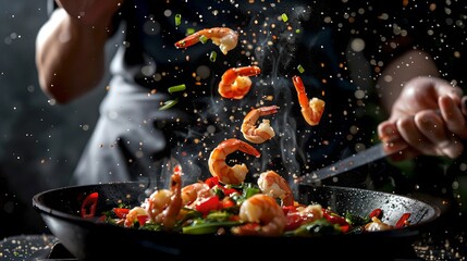 Poster - Chef tosses shrimp and veggies in a pan, dramatic culinary action shot. Perfect for food blogs and menus. Dynamic cooking scene captured. AI