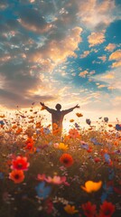 Wall Mural - Happy Man in Blooming Flowers Field, Facing The Sky, Success Celebration,Thanks Gesture, Blessing God