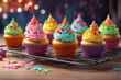 Colorful buttercream frosted cupcakes with swirled toppings on cooling rack.