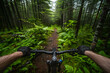 A mountain biker paused on a trail, bike pointing downhill, vibrant forest green background capturing the thrill and challenge of off-road biking