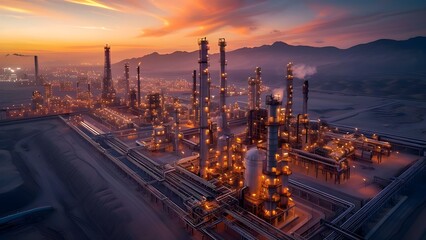 Wall Mural - Twilight view of petroleum gas production at an oil refinery in the desert. Concept Oil Refinery, Petroleum Gas, Desert Landscape, Twilight View, Industrial Setting
