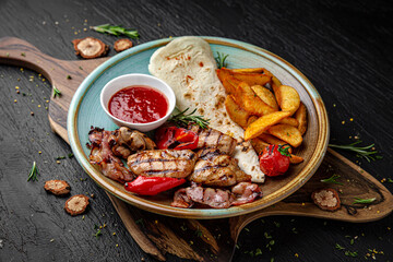 Wall Mural - Juicy kebab with slices of potatoes at home. Menu for a pub on a dark background. Colorful juicy food photography.