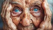   A tight shot of an elderly woman's creased face, her blue eyes gazing intently Her hands delicately framed her wrinkled visage