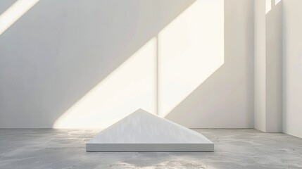 Poster - Slim triangular podium in a stark white room, abstract and artistic for unique items.