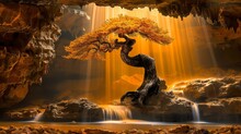   A Tree Painted In A Cavern's Heart With A Waterfall Cascading From Its Flank