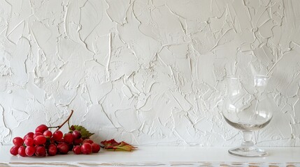 Poster -   A glass of wine on a white table, surrounded by a red berry cluster against a white wall backdrop