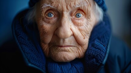 Wall Mural -   A surprised person in a blue coat and hat  - close-up view