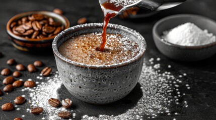 Poster -   A spoon pours coffee into a cup placed against a black surface, contrasting the beverage with the surrounding nuts, powdered sugar dusted rim