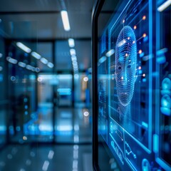 Poster - A computer monitor displays a face with a lot of detail. The image is blue and has a futuristic feel to it