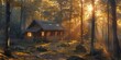 A cabin nestled in a forest with sunlight streaming through the trees, creating a picturesque scene.