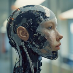 Poster - A robot head with a face and a mouth. The robot head is made of metal and has wires coming out of it