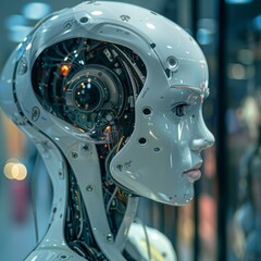 Aufkleber - A robot head with a face and a head with wires and a camera. The robot head is white and has a metallic look