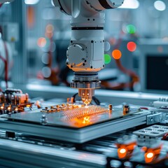Poster - A robot is working on a circuit board. The robot is white and has a black head. The robot is surrounded by wires and other electronic components. Concept of precision and efficiency