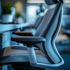 Poster - A chair with a black back and white seat is sitting in front of a desk