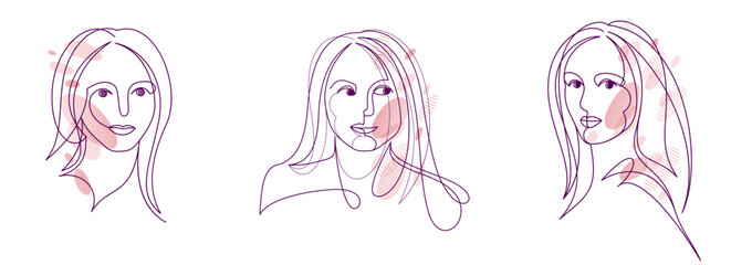 Woman beauty face vector linear illustrations set, delicate line art of attractive girl portraits collection, abstract feminine drawings minimal style isolated.