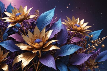 Wall Mural - Digital Blossom: Gold Leaf Flowers in a Radiant Computer-Generated World