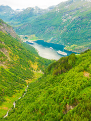 Poster - Fjord Geirangerfjord with ferry boat, Norway.